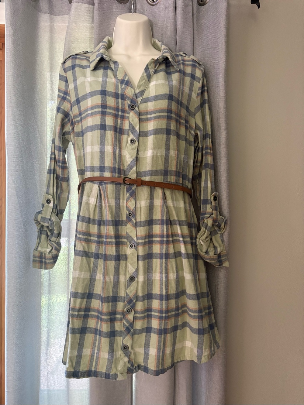 Derek Heart Plaid Button Down Shirt Dress XL Fits M/L Green Blue Flannel Preppy